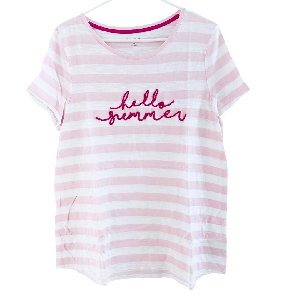 Kim Rogers Women's T-Shirt M Medium Pink White Striped Hello Summer Embroidered - Picture 7 of 10